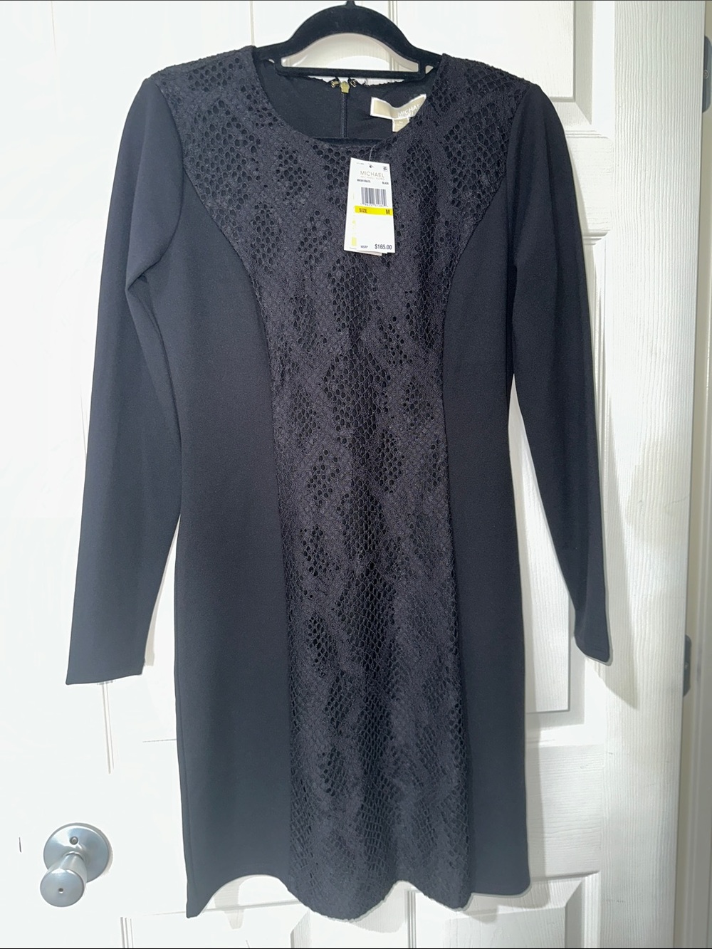NWT MICHAEL Michael Kors Black Long-Sleeve Lace-Front Sheath Dress Sz M